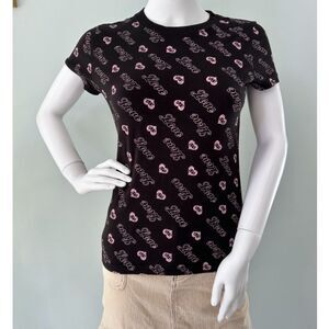 Y2k Black Pink Love Heart XO Print Baby Tee Shirt Graphic Tshirt Top size Small